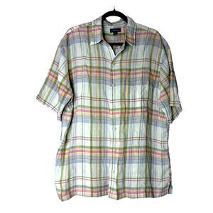 Lands End Mens Pastel Plaid Short Sleeve Button Dwn Shirt Sz L Spring 100% Linen